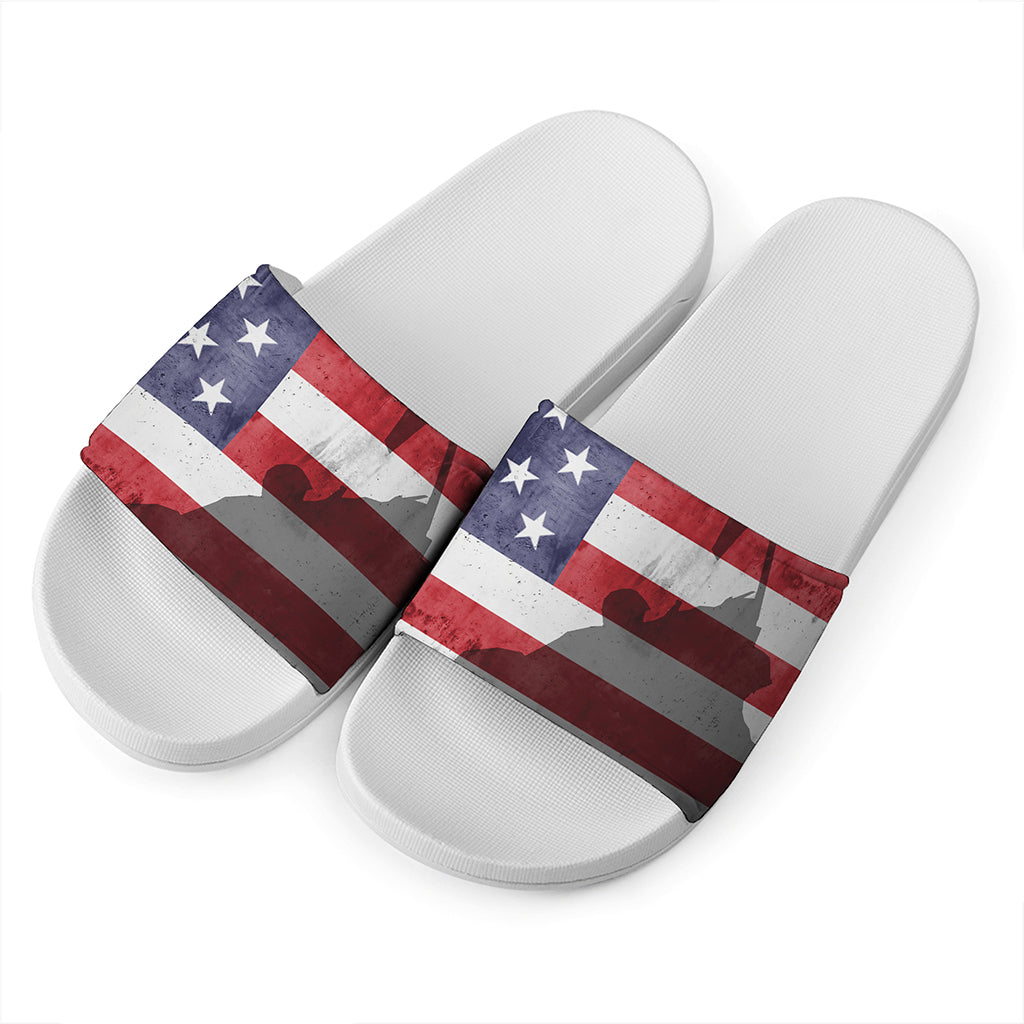 American Flag War Memorial Print White Slide Sandals