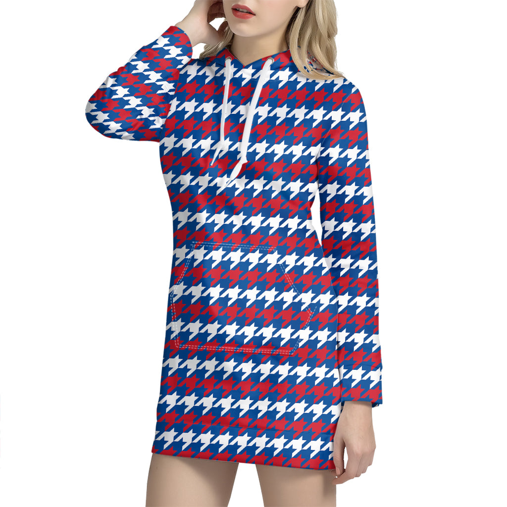 American Houndstooth Pattern Print Hoodie Dress