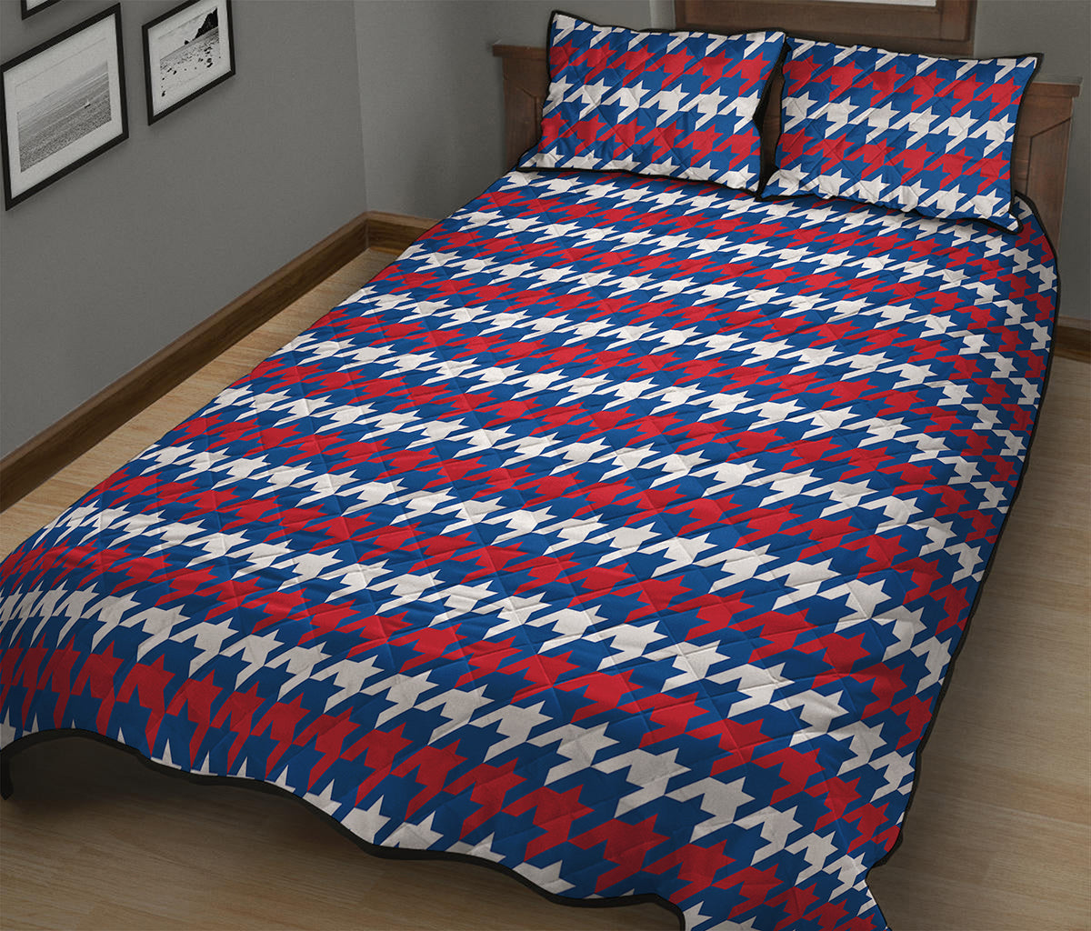 American Houndstooth Pattern Print Quilt Bed Set