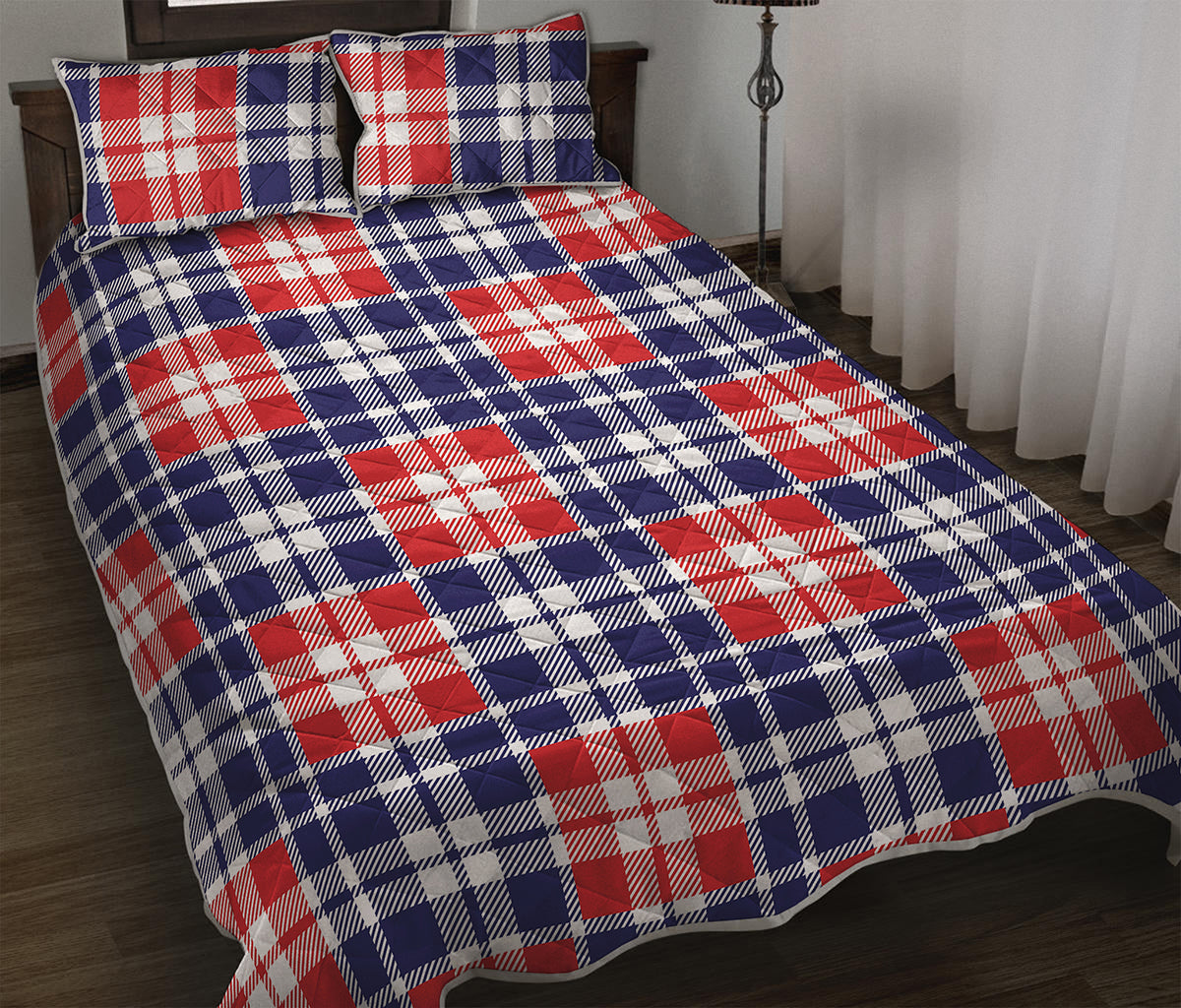 American Independence Day Plaid Print Quilt Bed Set
