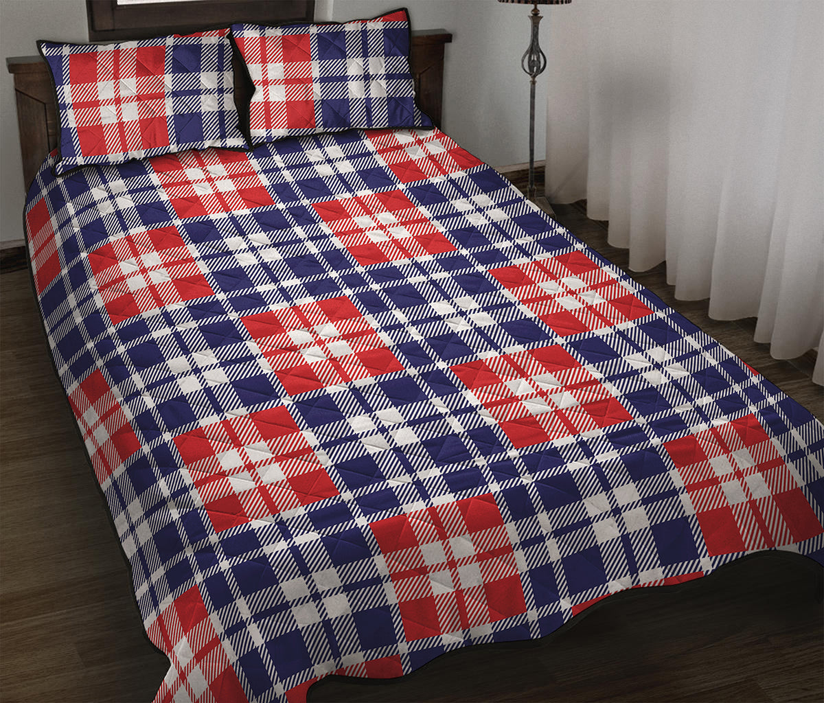American Independence Day Plaid Print Quilt Bed Set