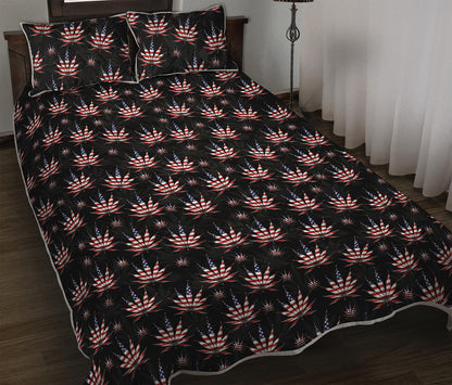 American Marijuana Leaf Pattern Print Quilt Bed Set