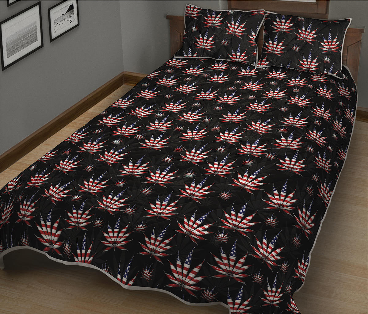 American Marijuana Leaf Pattern Print Quilt Bed Set