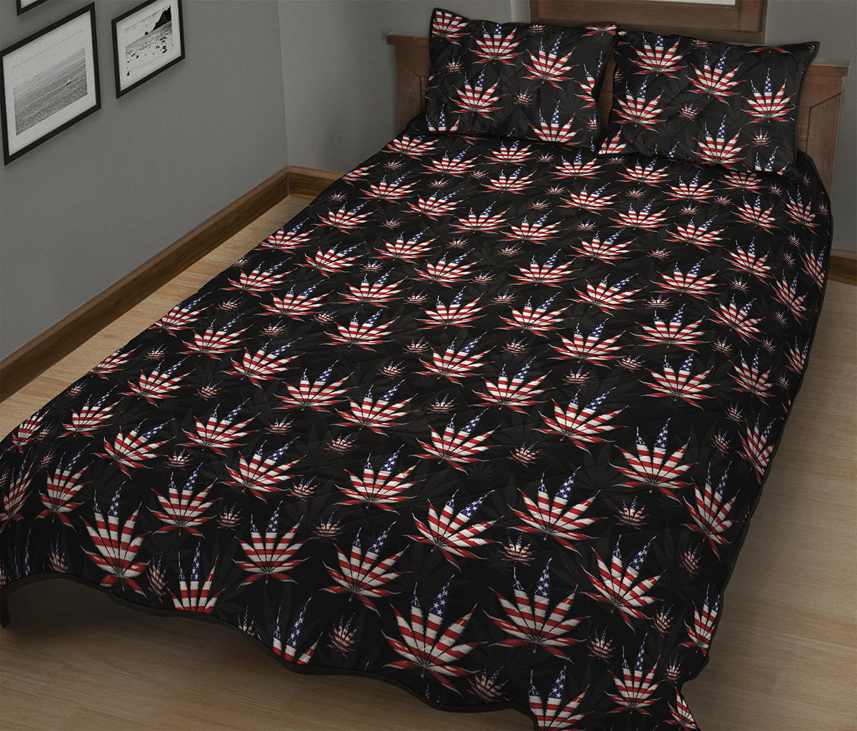 American Marijuana Leaf Pattern Print Quilt Bed Set