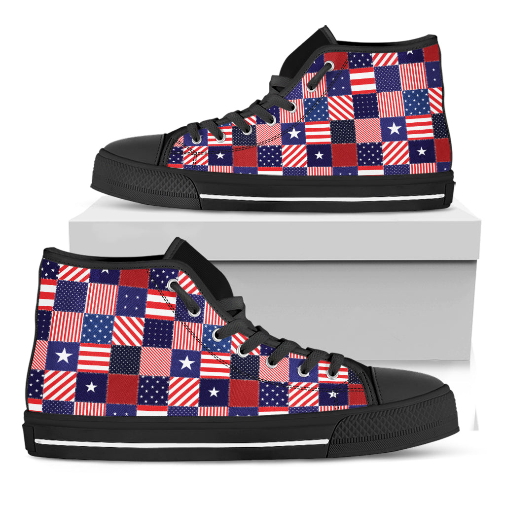 American Patriotic Patchwork Print Black High Top Shoes