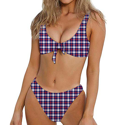 American Patriotic Plaid Print Front Bow Tie Bikini