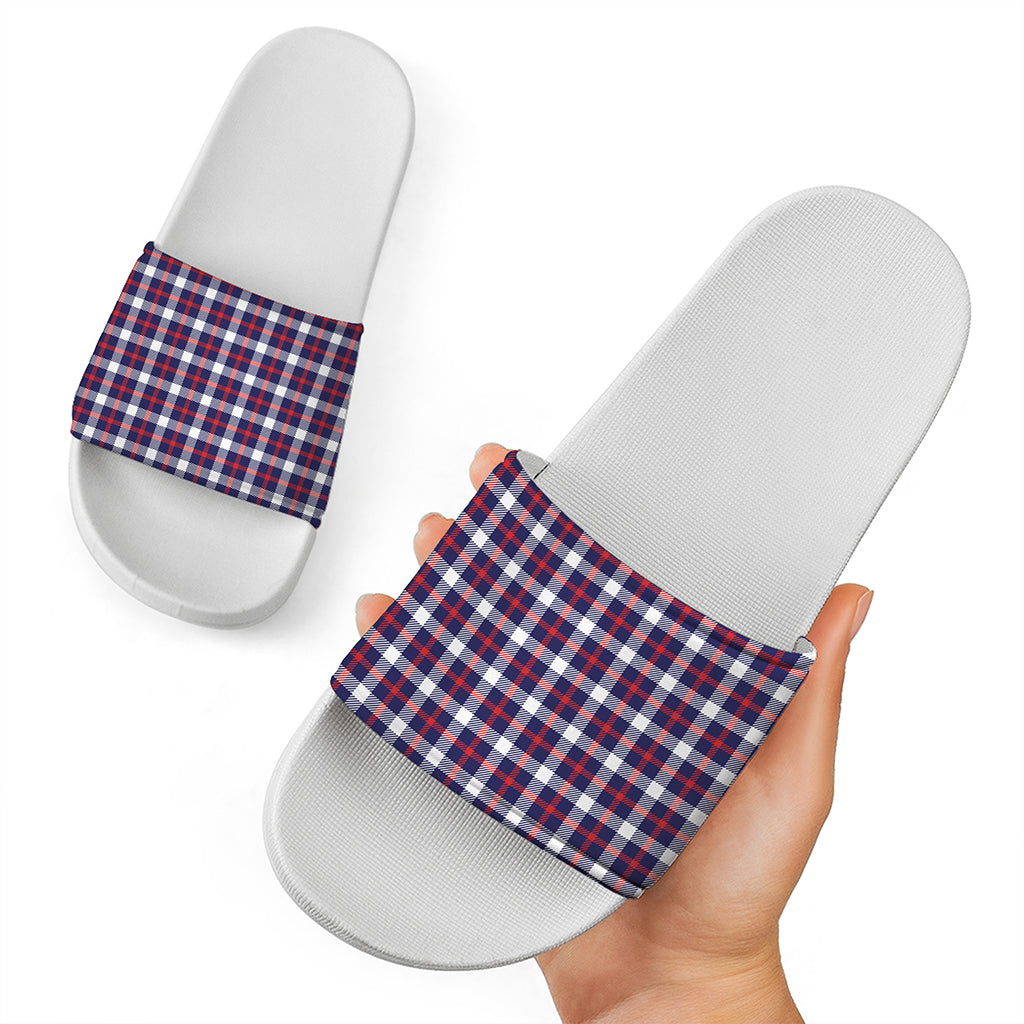 American Patriotic Plaid Print White Slide Sandals