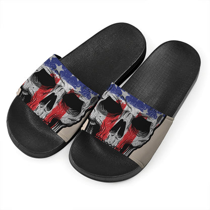 American Patriotic Skull Print Black Slide Sandals