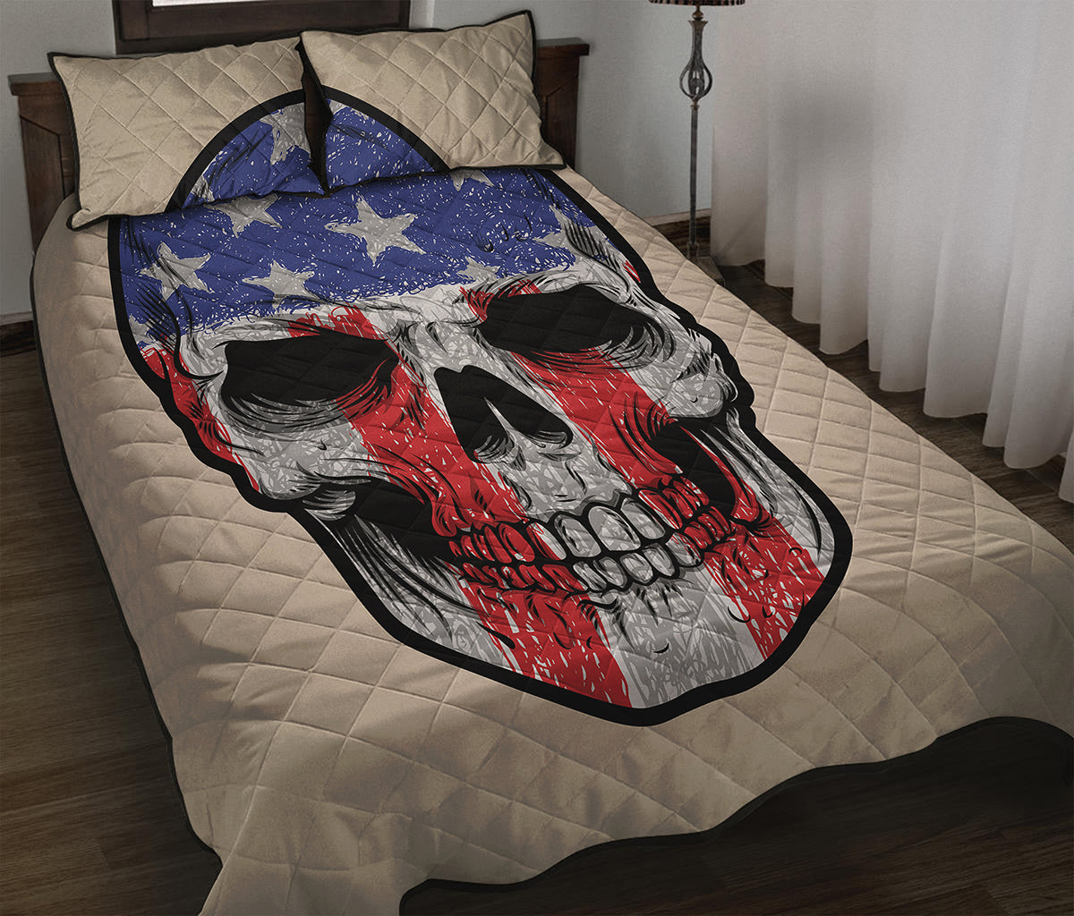 American Patriotic Skull Print Quilt Bed Set