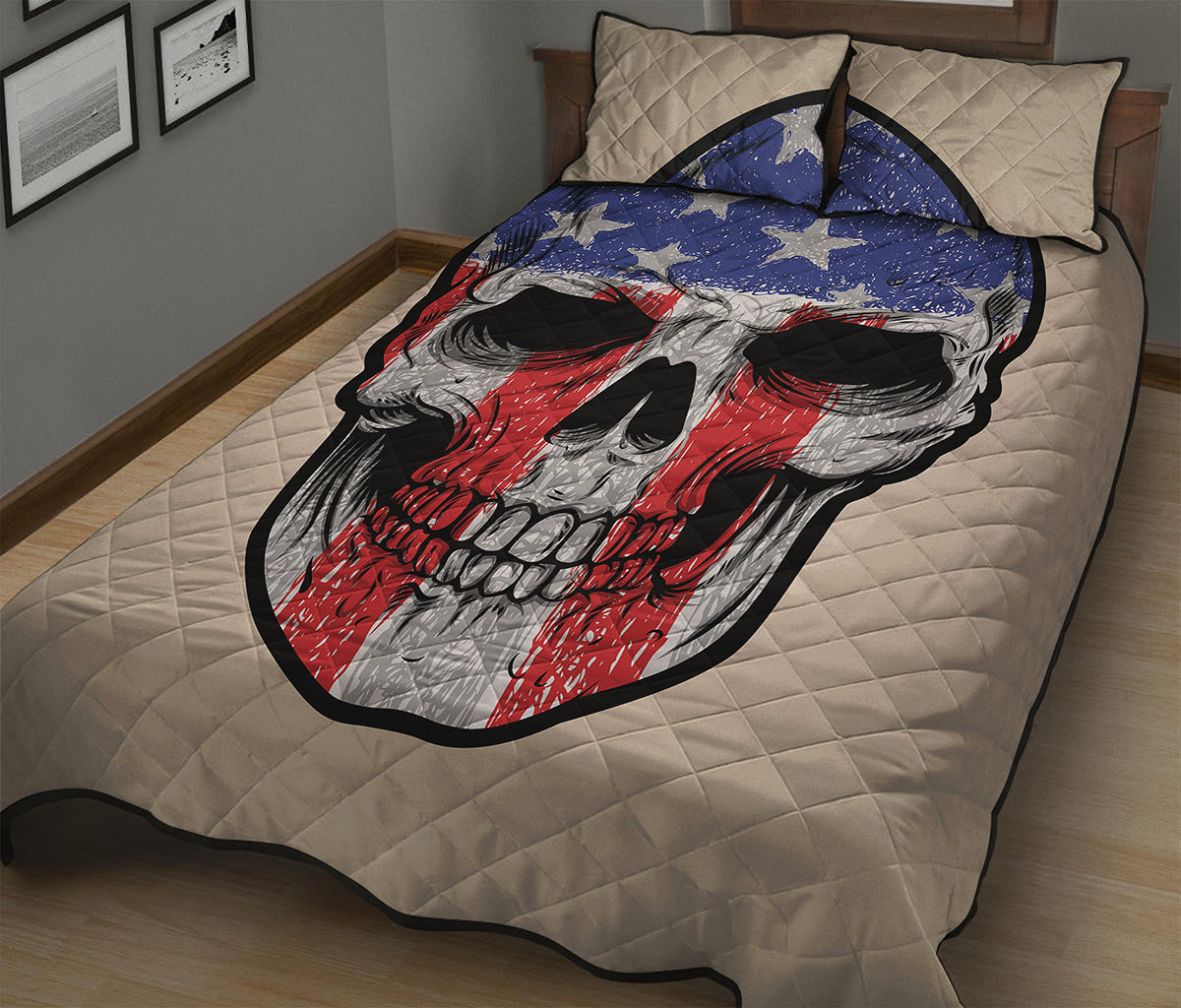 American Patriotic Skull Print Quilt Bed Set