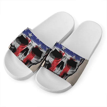 American Patriotic Skull Print White Slide Sandals