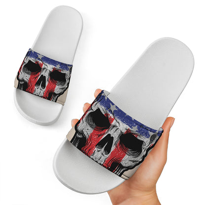 American Patriotic Skull Print White Slide Sandals