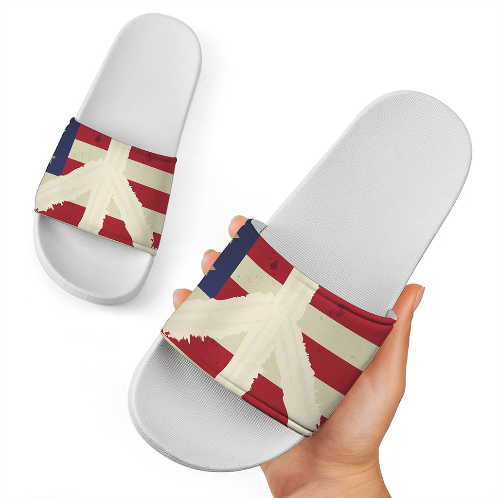 American Peace Flag Print White Slide Sandals