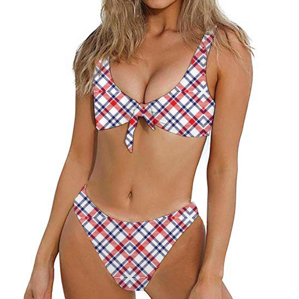 American Plaid Pattern Print Front Bow Tie Bikini