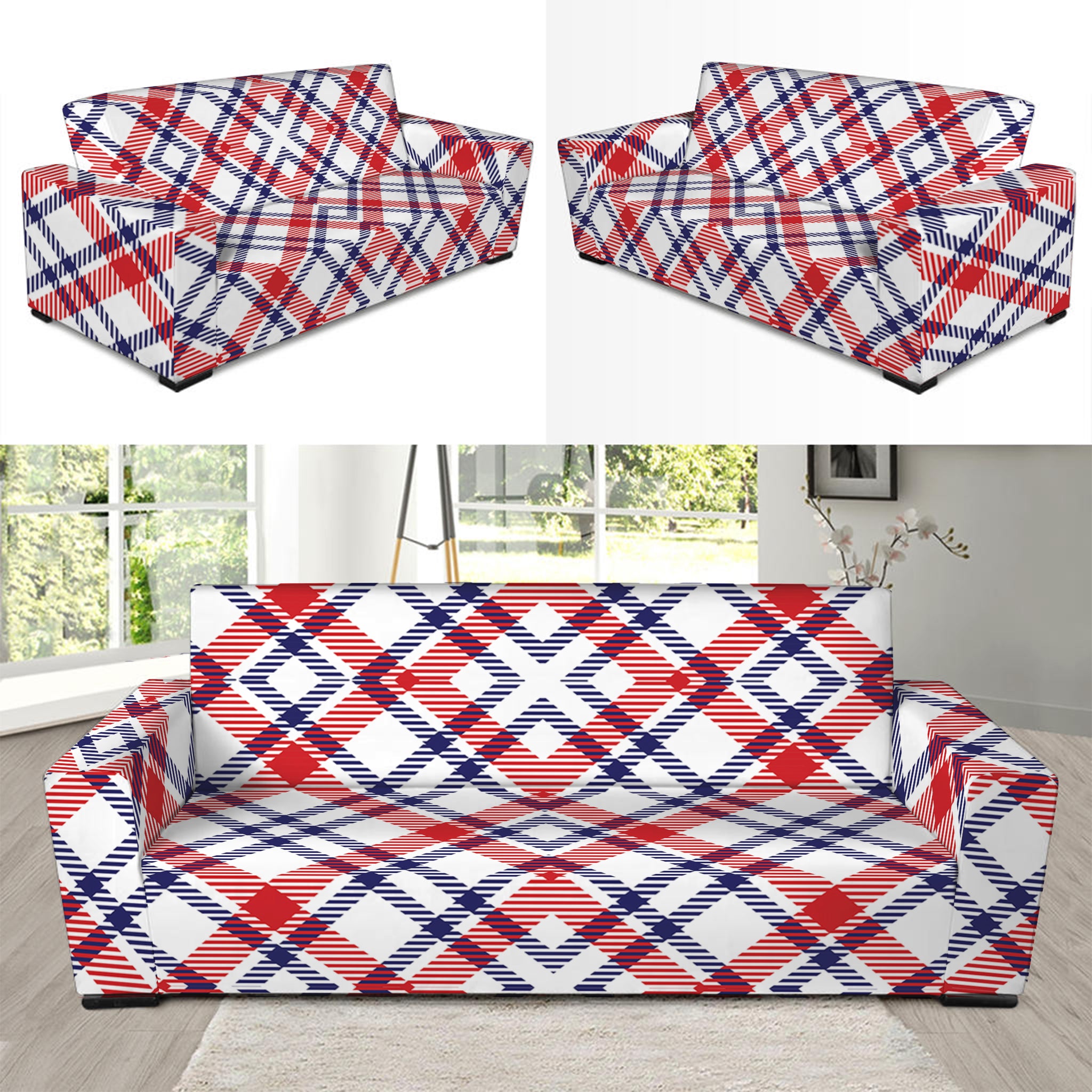 American Plaid Pattern Print Sofa Slipcover