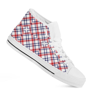 American Plaid Pattern Print White High Top Shoes