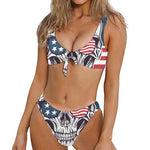 American Skull With Sunglasses Print Front Bow Tie Bikini