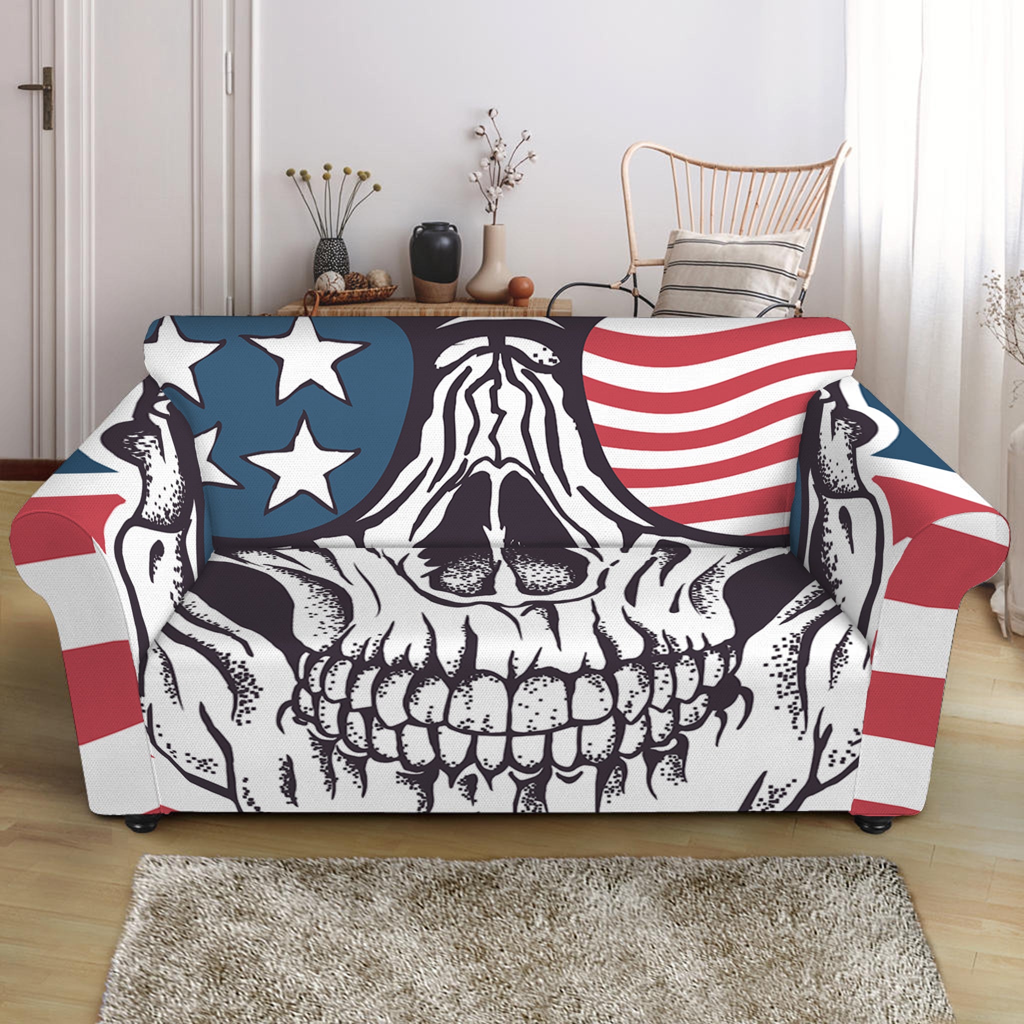 American Skull With Sunglasses Print Loveseat Slipcover