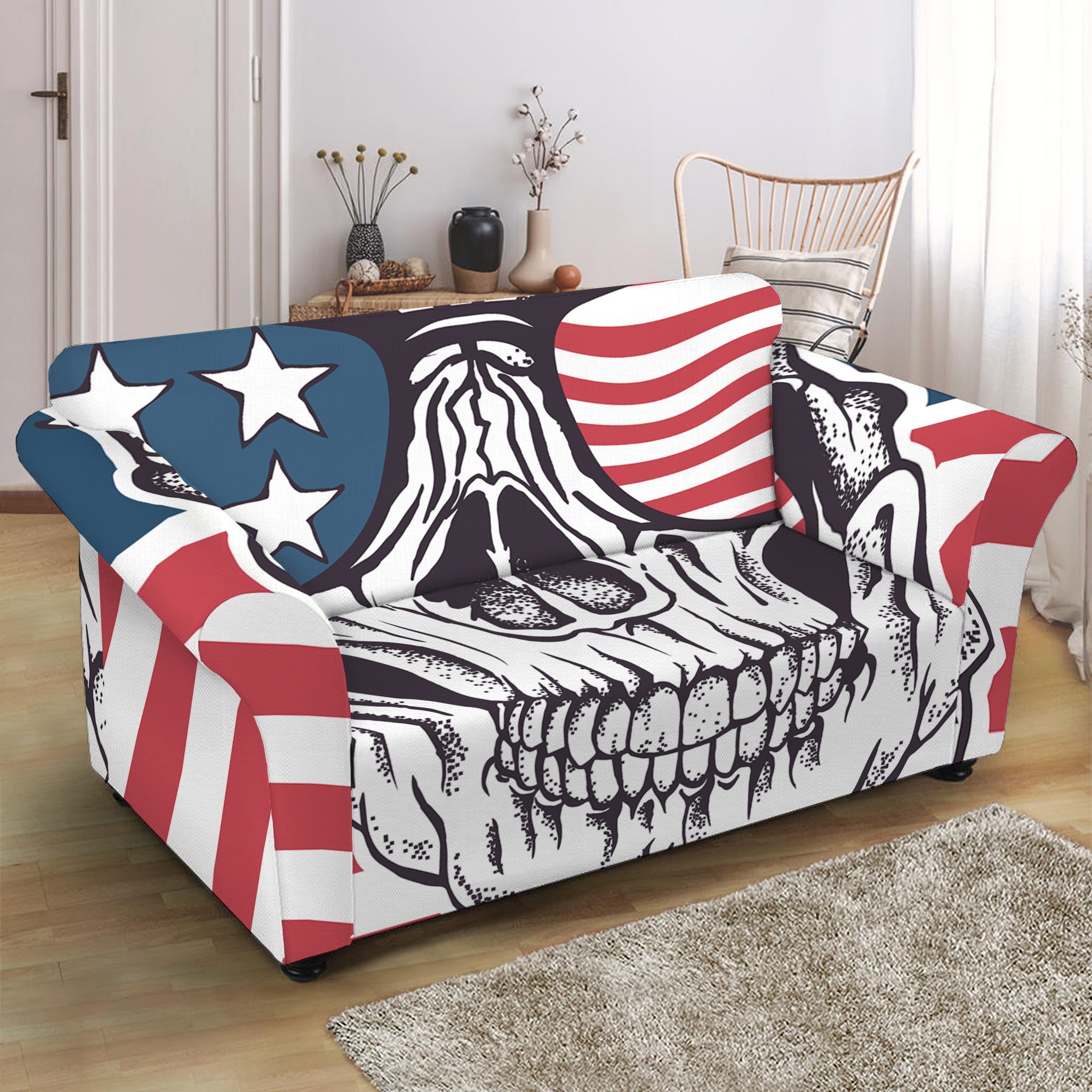 American Skull With Sunglasses Print Loveseat Slipcover