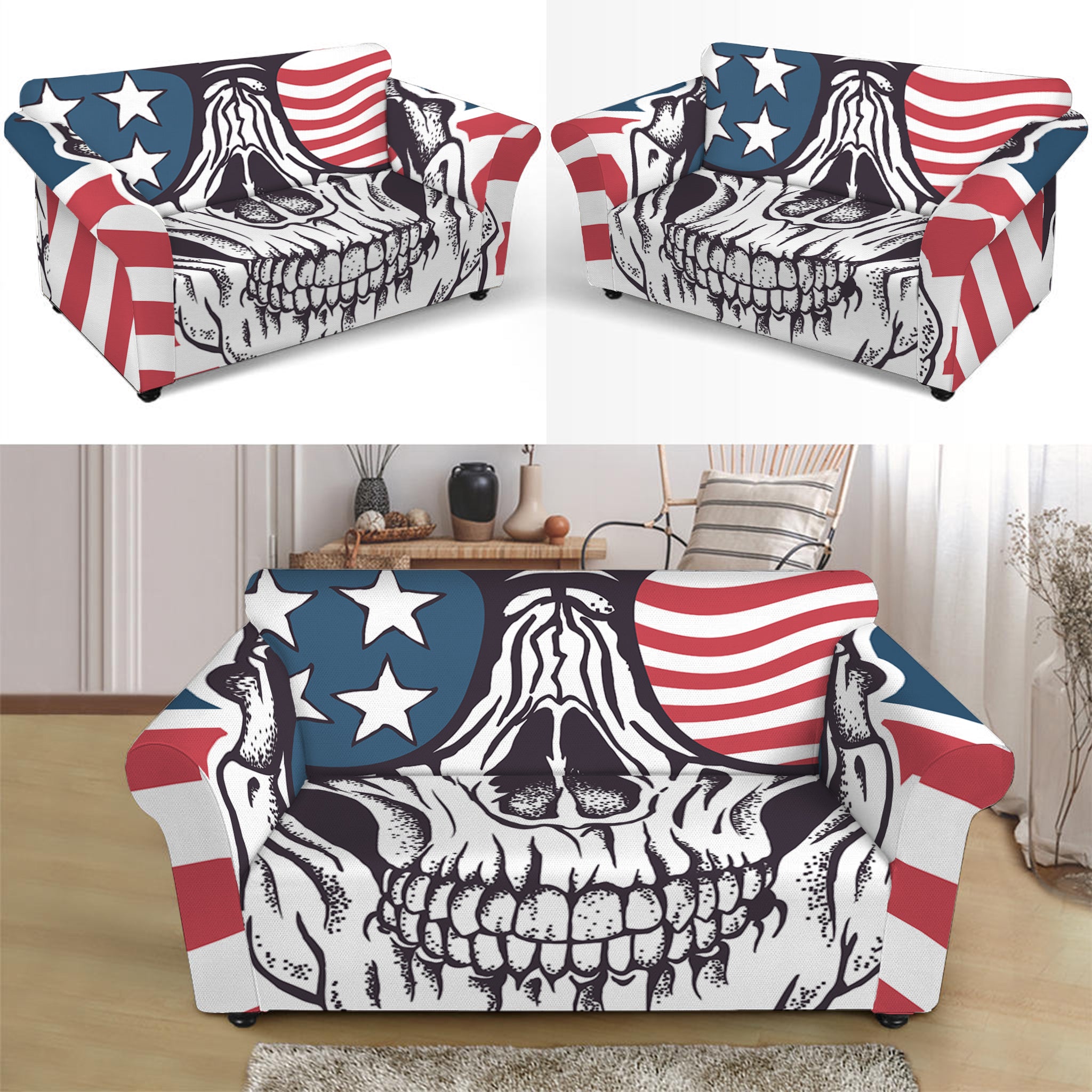 American Skull With Sunglasses Print Loveseat Slipcover