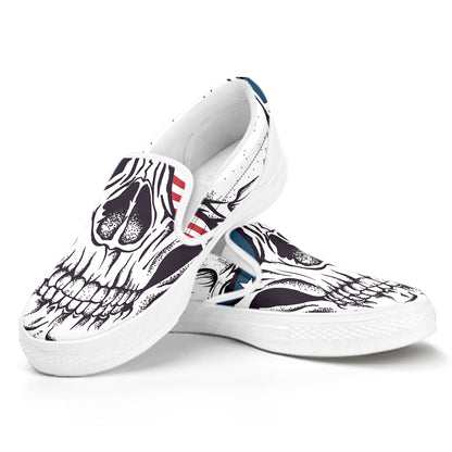 American Skull With Sunglasses Print White Slip On Shoes