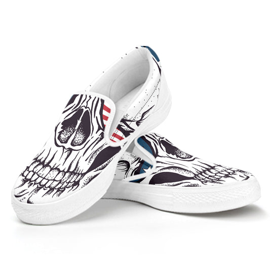 American Skull With Sunglasses Print White Slip On Shoes