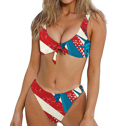 American Statue of Liberty Print Front Bow Tie Bikini