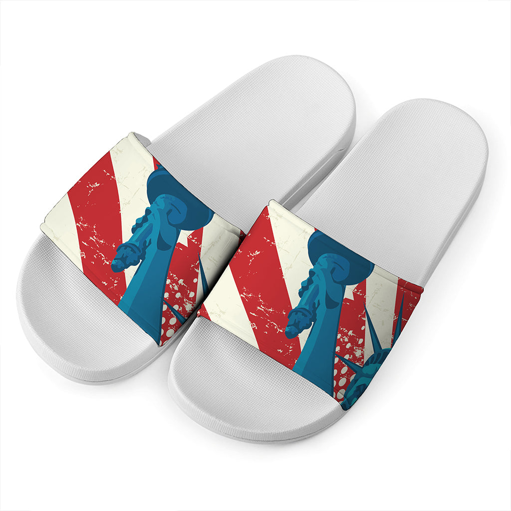 American Statue of Liberty Print White Slide Sandals