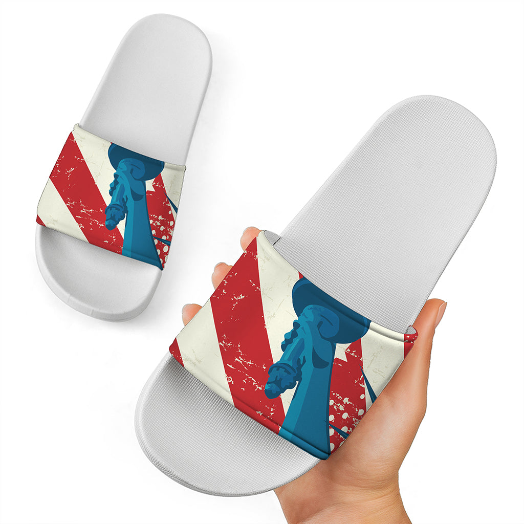 American Statue of Liberty Print White Slide Sandals