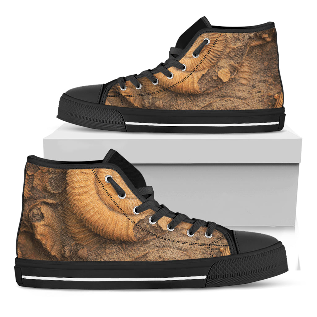 Ammonite Shell Fossil Print Black High Top Shoes
