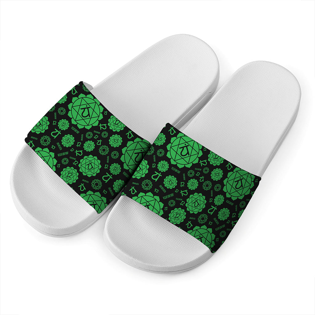 Anahata Chakra Pattern Print White Slide Sandals