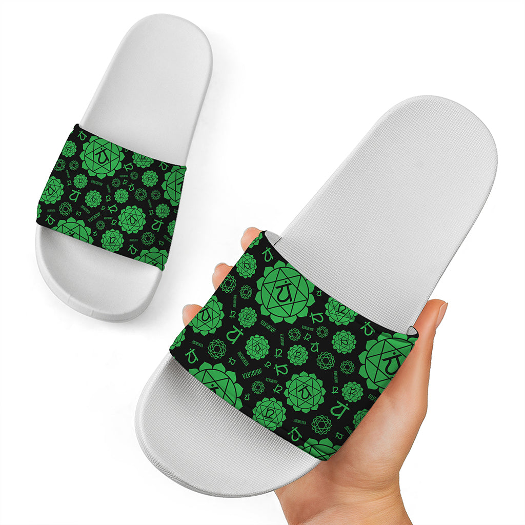 Anahata Chakra Pattern Print White Slide Sandals