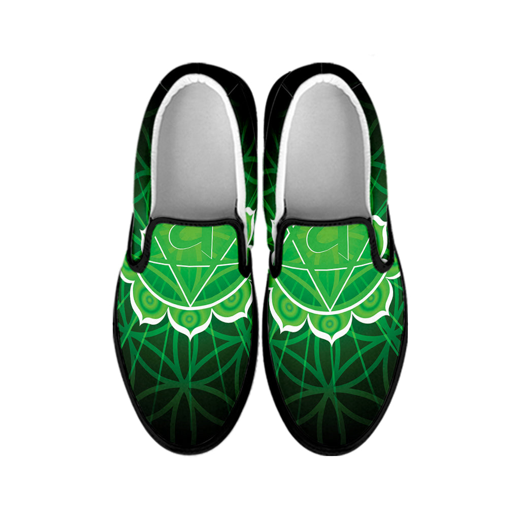 Anahata Chakra Spiritual Print Black Slip On Shoes