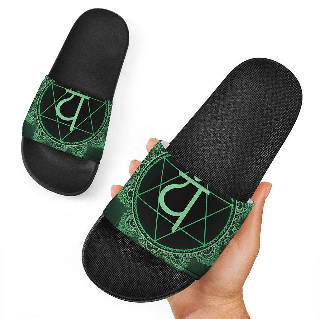 Anahata Chakra Symbol Print Black Slide Sandals