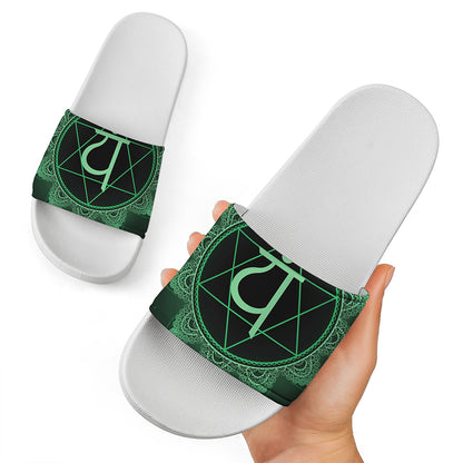 Anahata Chakra Symbol Print White Slide Sandals