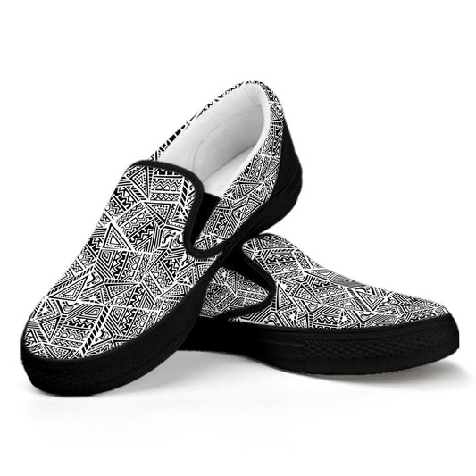 Ancient Aztec Tribal Pattern Print Black Slip On Shoes