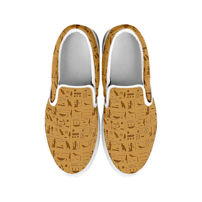 Ancient Egyptian Hieroglyphs Print White Slip On Shoes