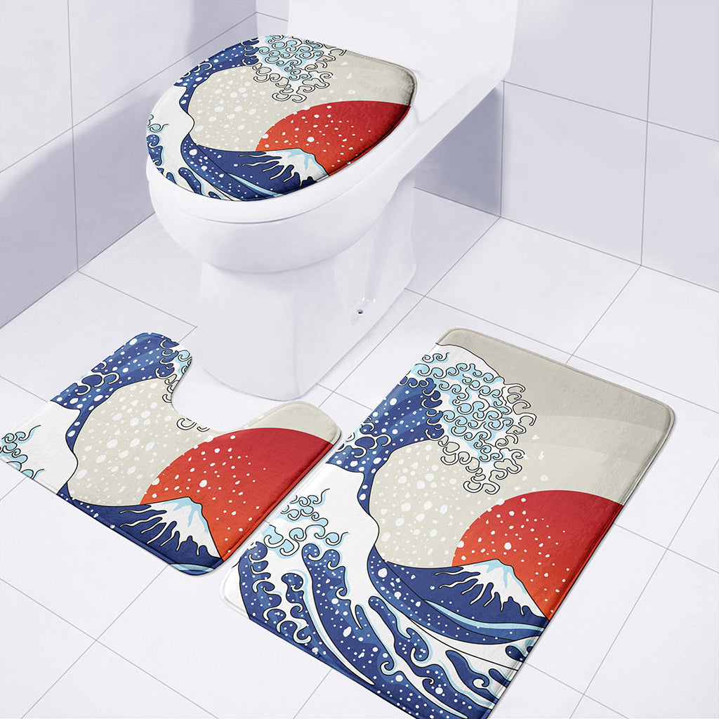 Ancient Great Japanese Wave Print 3 Piece Bath Mat Set