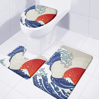 Ancient Great Japanese Wave Print 3 Piece Bath Mat Set