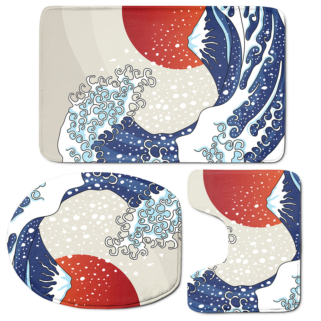 Ancient Great Japanese Wave Print 3 Piece Bath Mat Set