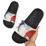 Ancient Great Japanese Wave Print Black Slide Sandals