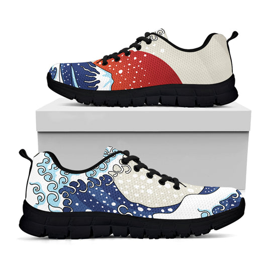 Ancient Great Japanese Wave Print Black Sneakers