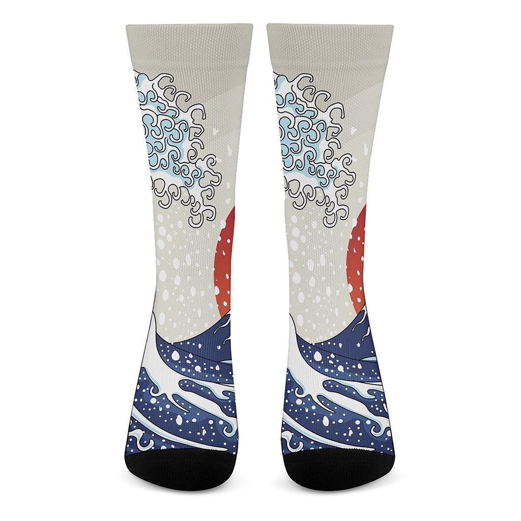 Ancient Great Japanese Wave Print Crew Socks