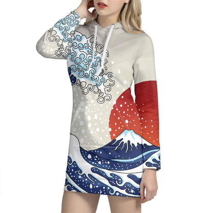 Ancient Great Japanese Wave Print Pullover Hoodie Dress
