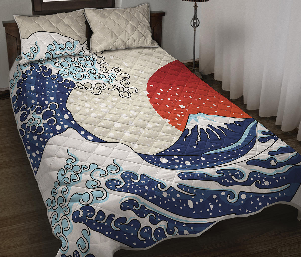 Ancient Great Japanese Wave Print Quilt Bed Set