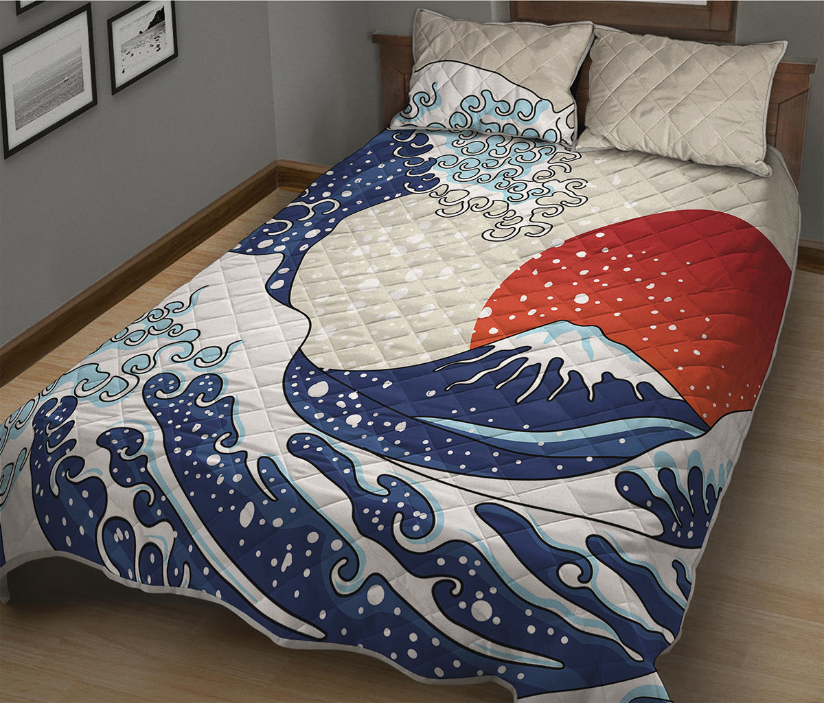 Ancient Great Japanese Wave Print Quilt Bed Set