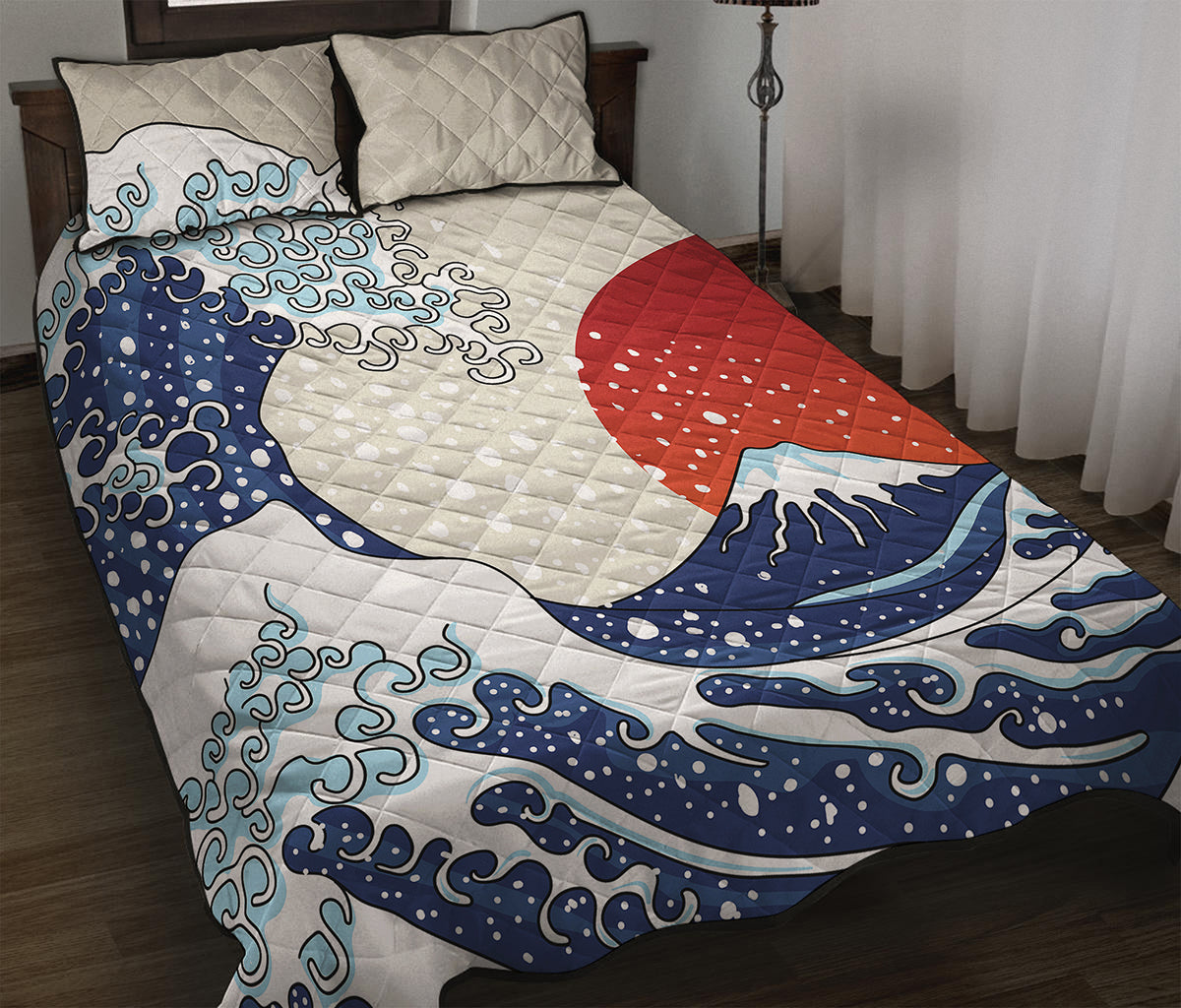 Ancient Great Japanese Wave Print Quilt Bed Set