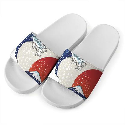 Ancient Great Japanese Wave Print White Slide Sandals