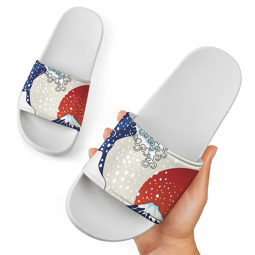 Ancient Great Japanese Wave Print White Slide Sandals