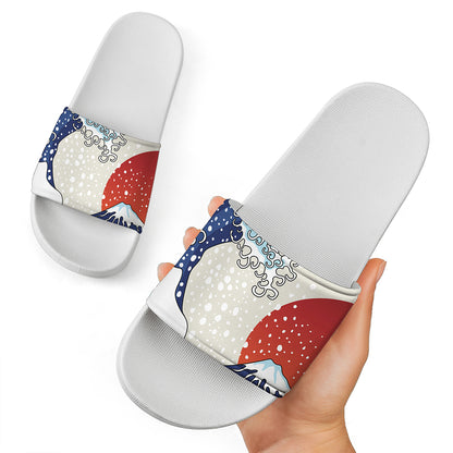 Ancient Great Japanese Wave Print White Slide Sandals